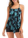 FLYILY Women 2 Piece Tankini Swimsuits Flounce Printed Top with Boyshorts Plus Size Swimwear Bathing Suit (Greenleaf, L)