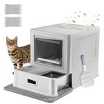 Marchul Cat Litter Box, Enclosed Stainless Steel Cat Litter Box with Lid & Drawer Design, Litter Tray for Indoor Cats, Baffles for Anti-Leakage, with Scoop & Mat, Smell Free, Upgraded with Base