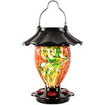 LUJII Solar Hummingbird Feeder for Outdoors Hanging with Color Changing, Hand Blown Glass Reservoir, 32 fl.oz, Never Leak, Lighted Lantern for Garden Decor, Unique Gift for Bird Lovers(Red)