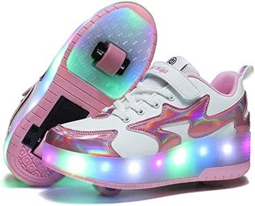 YUNICUS Light Up Shoes Kids Light Up Shoes Kids Double Wheels Rechargeable Roller Skates Shoes Wheelies for Kids Girls Unisex(3.5 Big Kid White Pink 35)