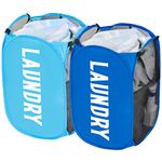 Popup Laundry Hamper, 2 Pack Mesh Hampers for Laundry Collapsible Laundry Basket with Side Pocket Durable Carry Handles Laundry Hambers for Kids Room, College Dorm or Travel (Light Blue + Dark Blue)