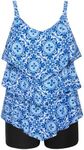 Hanna Nikole Women Plus Size Ruffle Layered Swim Tops Flounce Bathing Suits with High Waisted Bottom Blue Print 18W