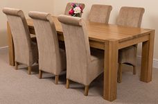 OAK FURNITURE KING Kuba 220 x 100 cm Large Chunky Oak Dining Table and 6 Chairs Dining Set with Montana Beige Fabric Chairs