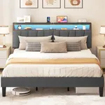 YITAHOME King Size Bed Frame with LED Light, Upholstered Platform Bed Frame with Built-in Headboard Storage and Charging Station, No Box Spring Required, Simple Assembly, Gray