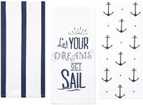 Flour Sack Kitchen Dish Towels Set 100% Cotton, Anchor and Stripe Nautical Decorative Prints, Decorative Tea Towels, Quote Kitchen Towels, Low Lint and Absorbent, 3 Pack, 28 in x 29 in