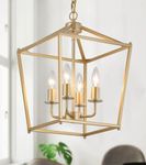 Industrial 4 Lights Chandelier, Gold Lantern Ceiling Light Fixtures with Rustic Metal Cage Adjustable Height Farmhouse Geometric Hanging Light for Kitchen Island, Dining Room, Entryway, UL Listed