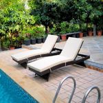 LOCCUS Set of 2 Outdoor Patio Recliner Lounger Chair 5 Position Adjustable Backrest with All Weather Wicker Waterproof Cushion Sun Lounger for Poolside, Garden Balcony (Dark Brown & Beige)