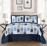 Mk Collection 3pc Full/Queen Oversize Reversible Quilted Bedspread Set Striped Squares Navy Blue White Gray New