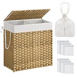 SONGMICS Laundry Hamper with Lid, 110L Clothes Hamper with 2 Removable Liner Bags, 6 Mesh Bags, Wicker Laundry Basket, Double Laundry Hamper for Bathroom, 13 x 22.4 x 23.6 Inches, Natural ULCB52NL