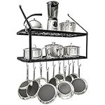 ITHWIU Wall Mounted Pot Rack with 2-Tier 10 Hooks, Kitchen Shelves Cookware Hanging Storage Organizer, Stainless Steel Space Saver 29.5 * 13.8 * 23 inches (Black)