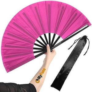 OMyFans Large Rave Folding Hand Fan - Foldable Chinese Tai Chi Kung Fu fan - Ideal for Festivals, EDM, Dancing, Hot Flashes, Church and Gifts (Pink)