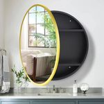 Movo 26 Inch x 26 Inch Round Circle Black Aluminuml Framed Bathroom Mirror Medicine Cabinet, Circular Storage Cabinet Surface Mounted Gold