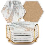 Marble Coasters for Drinks Absorbent with Cork Base, 6pcs Drink Coasters for Wooden Table with Metal Holder, Gold Ceramic Cup Coaster Set Rustic Home Decor for Living Room Bar (White, 6pc)