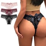 Women Lace Bow Thongs,T Back Low Waist Panties Sexy V-Shape Design Floral Lace, Breathable Panties Undies for Women 3-Pack, Black,crimson,pink, M