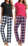 Ekouaer 2 Pack Womens Pajama Sets Short Sleeve Sleepwear Top and Pants Pjs Plaid Lounge Sets with Pockets Black White Plaid/Rose Pink Plaid XX-Large