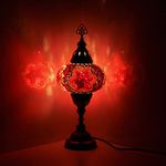 10 Variation Mosland Home Turkish Lamp Mosaic Table Lamps | Turkish Moroccan Lamp with Bronze Base | Handmade Tiffany Night Lamp | Mosaic Glass Bedside Night Lamp with Led Bulb (Red)