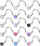 Thunaraz Hypoallergenic Nose Rings 15Pcs 20G Surgical Stainless Steel Nose Ring Studs Screw Studs Rings Cubic Zirconia Nose Ring Labret Nose Piercing Jewelry for Women Men