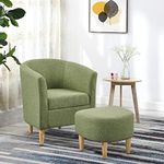 Hanstore Tub Chair and Footstool Set Comfy Accent Arm Chair Soft Padded Fabric Armchair Single Tub Sofa Side Chair Occasional Chairs Bedroom Living Room Lounge Office Reception Light Green