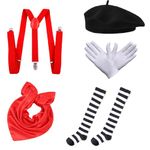 5 Pcs Mime Artist Costume Accessories Set Women French Mime Cosplay Outfit Includes Black Beret Red Suspender Scarf White Gloves and Black White Stripe Socks for Halloween Theme Party Dress up Decor,