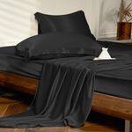 THXSILK 4Pcs Silk Bed Sheets Set, 100% Long Stranded 25 Momme Mulberry Silk Bedding Set, Sheets and Pillowcase Set, Luxurious and Extremely Soft(Black, Queen)