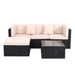 Panana Rattan Garden Furniture Set 4 Seater Sectional Modular Combination Patio Lounge Sofa Chair Table Stool for Outdoor Backyard Poolside Black Base with Beige Cushions