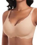 Ganado Wireless V Neck Bras for Women Scalloped No Underwire Bras Padded T-Shirt Bra Support Bralette with Extra Bra Extender (Beige, Large)