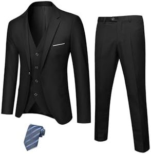 Hihawk Men's 3 Piece Suit with Stretch Fabric, Solid Slim Fit One Button Suit Blazer Set, Jacket Vest Pants with Tie., Black, Large