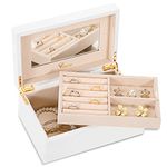 Voova Wooden Jewellery Box Organiser for Women Girls, Deluxe Piano Paint Jewelry Storage Case with Mirror, jewlerrying Display Holder with Removable Tray for Necklace Earring Rings, White