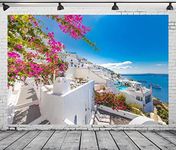 CORFOTO 5x3ft Fabric Blue Sea Santorini Island Backdrop Greece White Architecture Oia Luxury Resort Photography Background for Mamma Mia Party Decorations Greek Birthday Party Decor Kids Photo Props