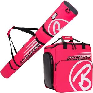 BRUBAKER Set de Ski ‘Champion’ - Série limitée - Housse à Skis et Sac à Chaussures de Ski pour 1 Paire de Skis + Bâtons + Chaussures + Casque - 170 cm - Fuchsia Fluo Blanc
