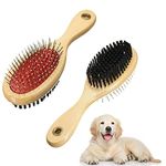 Wooden Dog Brush Double Sided Pet Hair Grooming Brush Dog Pin Brush and Bristle Soft Brush, Dogs Comb and Brush Grooming Tools for Cleaning for Dogs & Cats with Long or Short Hair Red