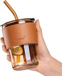 KELVEE Travel Glass Coffee Mug With Lids And Straws,Reusable Glass Iced Tea Sipper Cup With Leather Sleeve Grip, Cute Glass Tumbler For Water Juice Milk Smoothie Pack Of 1 (Amber), 400 Ml