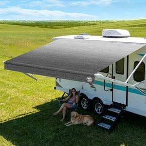 19.5oz Heavy Duty RV Awning Fabric Replacement, 5-Layer Rip-Stop No-Hole Vinyl Camper Awning, Waterproof UV-Resistant RV Canopy for Trailer & Motorhome Awning, Universal Fit, 15FT (Fabric 14'2")