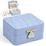 KAMIER Travel Jewelry Box Organizer, Diamond Quilted Leather Jewelry Case with Mirror, Small Portable Jewelry Box for Women, Blue