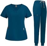 niaahinn Scrub Suit Set for Women Modern V-neck Top & Tapered Leg Jogger Pants with Drawstring Medical Nursing Uniforms Set (Caribbean Blue, L)