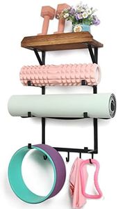 DOCMON Yoga Mat Holder, Wall Mount Rack Home Gym Accessories, Storage for Foam Roller, with Wood Floating Shelves and 5 Hooks Hanging Strap Resistance Bands Carbonized Black