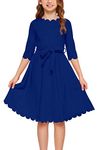 GORLYA Girl's 3/4 Sleeve Casual Scalloped Edge A-line Belted Dress with Pockets for 4-14T Kids (GOR1031, 7-8Y, Blue)