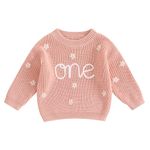 CocMouse Infant Baby Girl Knit Sweater Half/First Birthday Outfit Embroidery One Long Sleeve Pullover Tops Cute Warm Clothes (Style 2-Pink, 9-12 Months)