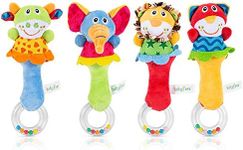 4 Pack Baby Soft Rattles Toys - Infant Sensory Development Hand Grip Toys - Cute Stuffed Animal Handbells - Perfect Baby Gift