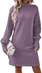 Pink Queen Elegant Long Dolman Sleeve Knit Dress Winter High Neck Warm Dress Empire Waist Going Out Pullover Tunic Mini Sweater Dresses Lavender Purple XL