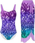 uideazone Girl's Mermaid Bathing Suit 8-9 Years One Piece Hawaii Swimsuit with Ruffle Skirt Sarong Cover Up Rash Guard Sets Swimwear Size 8 9