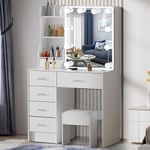 Udekoo Modern Vanity Desk with Mirror and Lights, White Vanity Desk with Stool and 6 Storage Drawers, Bedroom Makeup Vanity for Women Girls