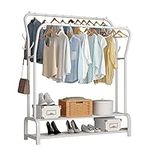 UDEAR Garment Rack Freestanding Hanger Double Rods Multi-functional Bedroom Clothing Rack, Double layer ，4 Hooks，White