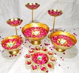 ZM Handcrafted Taj Urli Floating Flower Set | Hammered Taj Set with Stand | Urli with Bowl for Living Room | Pooja Diya, Diwali, Christmas, Festival Decor Set of 9 Pcs with Diya Urli Free