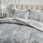 FlySheep Gray Comforter Set Queen Size, Branch with Yellow Flower on Grey and White Reversible Modern Bedding Set, Ultra Soft Microfiber for All Season