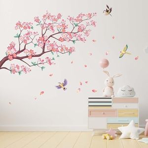 Amimagen Pink Cherry Blossom Flower Wall Stickers - Floral Tree Branch Birds Cherry Blossom Wall Decals - Living Room Bedroom TV Sofa Background Family Wall Decor