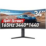 KOORUI 34 inch 165Hz(Support 100Hz) HDR400 UltraWide Curved Gaming Monitor Black VA Screen (3440x1440, 21:9) 1MS HDMI DP Audio 90% DCI-P3 Color Gamut 75x75