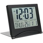 Lumoia Digital Travel Alarm Clock, Portable Folding Desk Dementia Clock with LCD Display Silent Day Date Temperature Battery Operated Alarm Snooze for Home Bedroom Office Travel (Black)