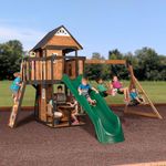 Backyard Discovery Canyon Creek All Cedar Wood Swing Set, Playhouse w/Grill, Plastic Food, Picnic Area, Steering Wheel, Two Belt Swings, Rock Climbing Wall, Balcony, Deck, Web Swing (Green Slide)