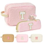 ibeacos Personalized Travel Makeup Bag, Initial Preppy Cosmetic Bag with Sherpa Makeup Brush Holder Cute Zipper Makeup Pouch, Birthday Gifts for Women/Teen Girls, Pink, T